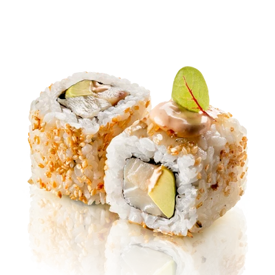 Ролл с масляной рыбой, авокадо и соусом юдзу