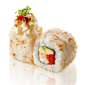 Запеченный ролл с креветкой и соусом маракуйя